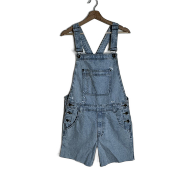 BDG Shortall Overalls Womens 30W Light Wash Denim Distressed Raw Hem Shorts - Picture 1 of 15